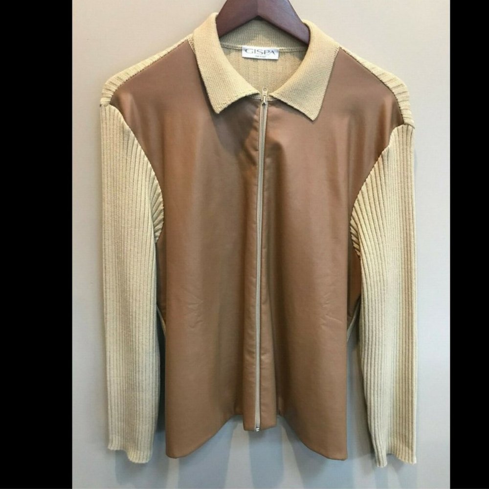 GISPA Zipper Sweater, Polo Sweater, Faux Leather, Merino Wool, Made in Italy